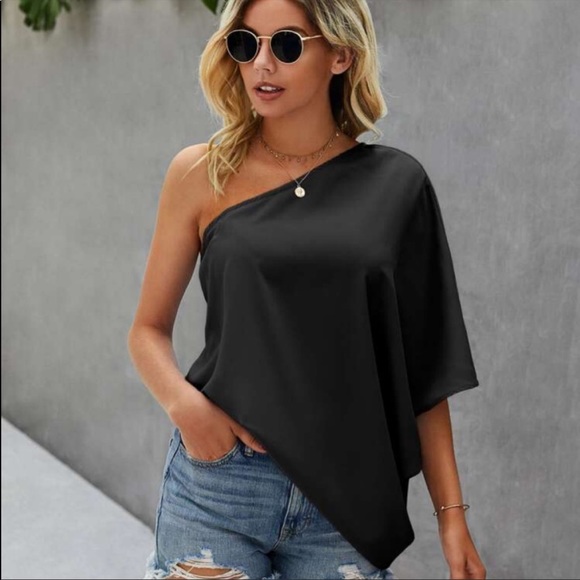 Boho one shoulder oversized solid blouse - Picture 7 of 15